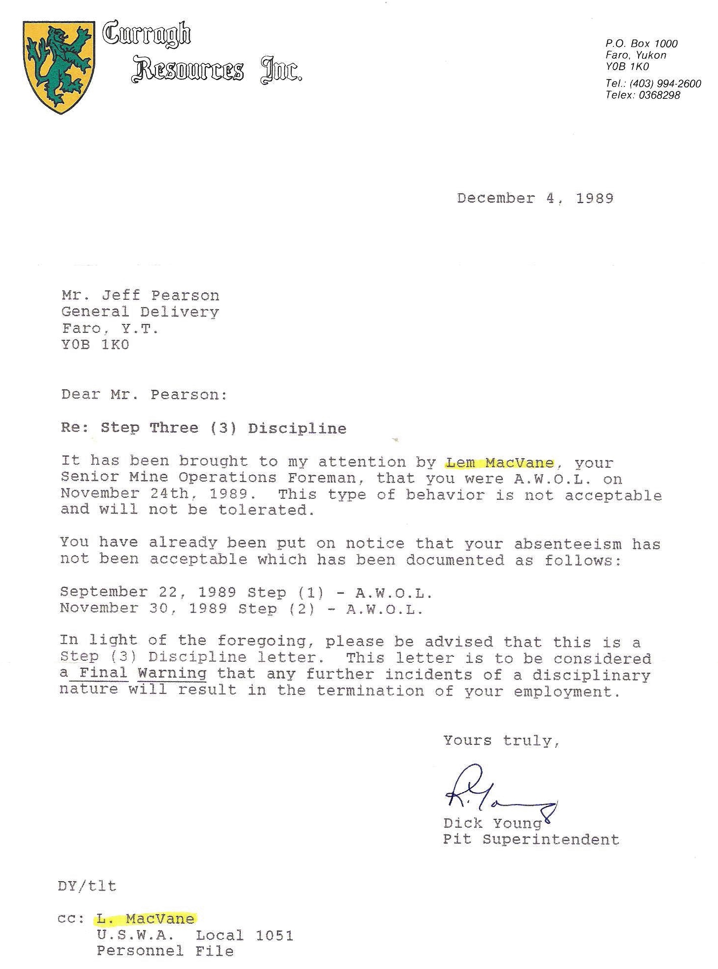Volunteer letter 1989