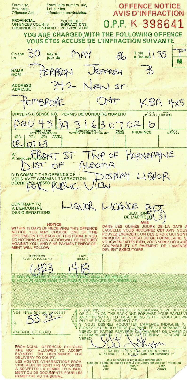 1986 Memorabilia - Honrepayne ON ticket